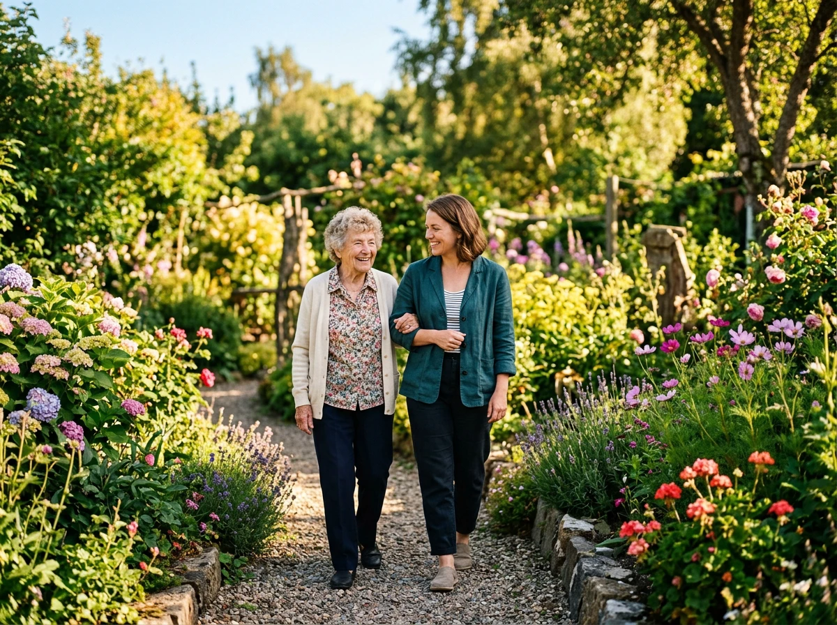 Caregiver and patient in a garden