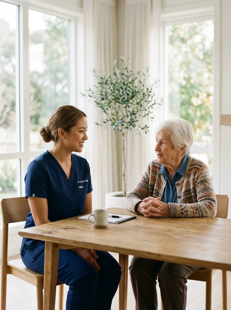 Caregiver with elderly woman in a warm home setting