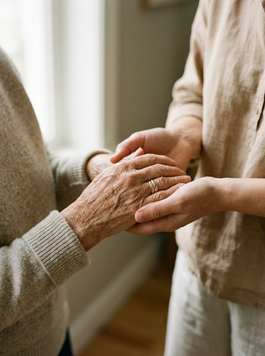 Caregiver gently holding elderly hands