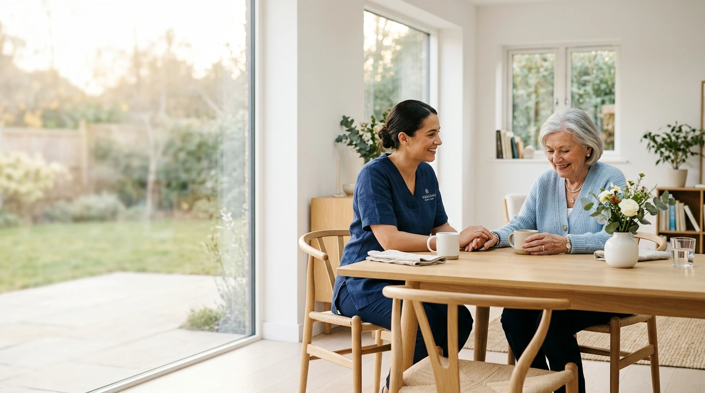 Caregiver smiling with elderly patient in a comfortable home setting